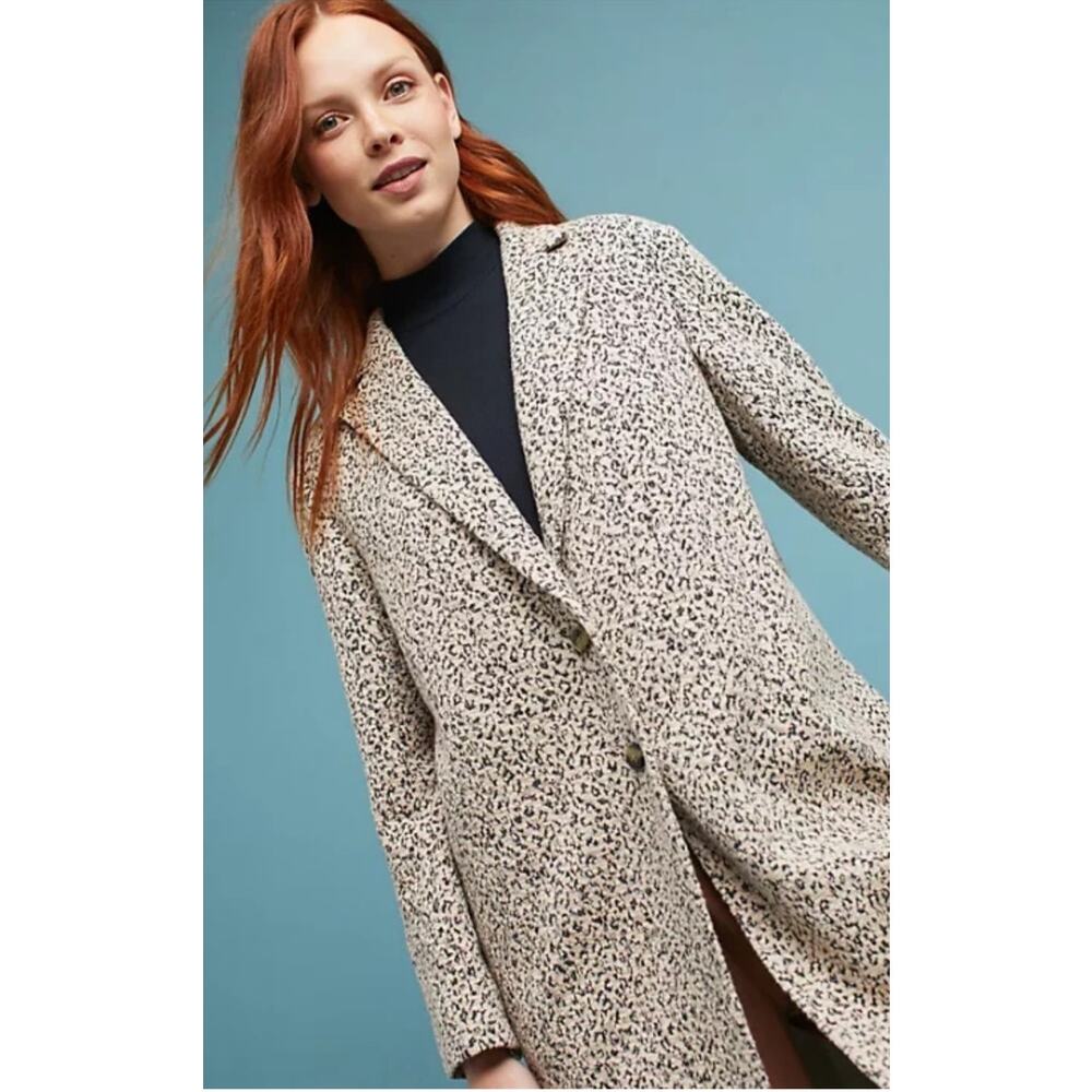 Anthropologie Cream and Black Leopard-Print Long Coat